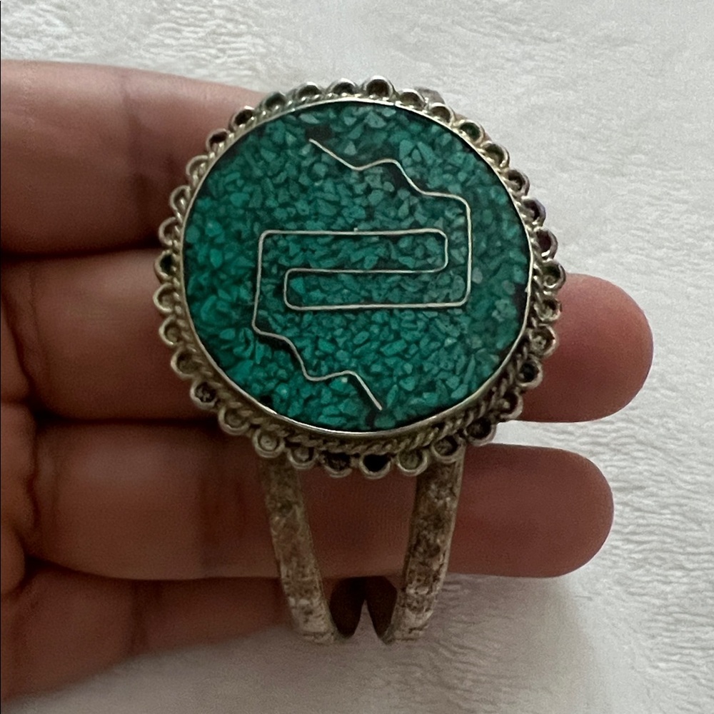 Vtg Mexico Sterling Silver inlay Turquoise Stone Cuff Bracelet